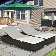 Outsunny PE Rattan Sun Lounger with Cushion, Outdoor Garden Sunbed Furniture with 5-Level Recliner Backrest, and Armrest, Set of 2, Brown - 2