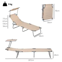 Outsunny Outdoor Foldable Sun Lounger Set of 2, 4 Level Adjustable Backrest Reclining Sun Lounger Chair with Angle Adjust Sun Shade Awning for Beach, Garden, Patio, Sand - 3