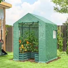 Outsunny Mini Greenhouse with Raised Garden Bed, Galvanised Walk-in Greenhouse with Roll Up Windows, 56" x 56" x 75", Green - 2