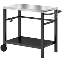 Outsunny Outdoor Grill Dining Cart 2-Shelf Movable Pizza Oven Table Stand with Stainless Steel Top, Portable BBQ Trolley Food Prep Outdoor Kitchen Barbecue Station with Hooks Wheels, Charcoal Grey - 1