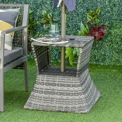 Outsunny Outdoor Patio Rattan Wicker Coffee Table Bistro Side Table w/ Umbrella Hole and Storage Space, Grey - 2