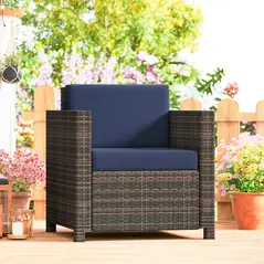 Outsunny PE Rattan Garden Armchair with Cushion - Mixed Brown/Navy Blue - 2