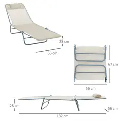 Outsunny Outdoor Foldable Sun Lounger, Adjustable Backrest Garden Recliner Sun Lounger Chair with Headrest Pillow, Beige - 3