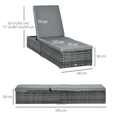 Outsunny PE Rattan Sun Lounger, Five-level Adjustable Recliner Bed Chair with Soft Padded Cushion for Patio, Garden, Mixed Grey - 3