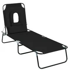 Outsunny Outdoor Folding Sun Lounger with Face Hole, 4 Level Adjustable Backrest Reclining Garden Lounger, Garden Recliner Sunbed with 600 D Oxford Cloth Seat and Pillow for Beach, Black - 1
