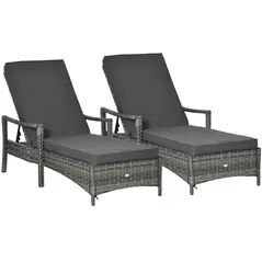 Outsunny PE Rattan Sun Loungers set of 2 with Cushion, Outdoor 2 Pieces Garden Sunbed Furniture with 4-Level Recliner Backrest, and Armrest, Grey - 1