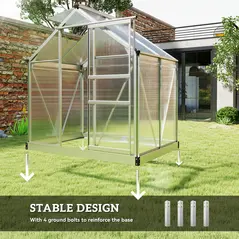 Outsunny Polycarbonate Greenhouse, Large Walk-In Green House with Slide Door and Window, Aluminium Frame, 6x4ft, Silver Tone - 6