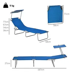 Outsunny Outdoor Foldable Sun Lounger Set of 2, 4 Level Adjustable Backrest Reclining Sun Lounger Chair with Angle Adjust Sun Shade Awning for Beach, Garden, Patio, Blue - 3
