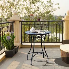 Outsunny Outdoor Mosaic Round Garden Table, Patio Bistro Coffee Side Table with 60cm Ceramic Top for Garden, Blue and White - 2
