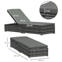 Outsunny PE Rattan Sun Loungers with Cushion, Outdoor Garden Sunbed Furniture with 5-Level Recliner Backrest, and Armrest, Set of 2, Grey - 3