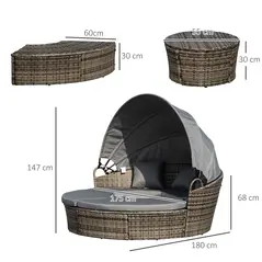 Outsunny Outdoor PE Rattan Garden Furniture with Cushioned, Patio Wicker Conversation Furniture Set, Round Daybed with Retractable Canopy, Coffee Table and Three Pillows, Dark Grey/Grey - 3