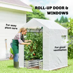 Outsunny Mini Greenhouse with Raised Garden Bed, Galvanised Walk-in Greenhouse with Roll Up Windows, 56" x 56" x 75", White - 7