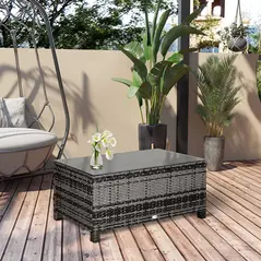 Outsunny PE Rattan Garden Coffee Table, with Glass Table Top - Grey - 2