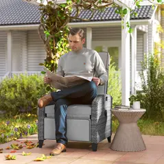 Outsunny Outdoor Recliner Chair with Adjustable Backrest and Footrest, Cushion, Side Tray, Light Grey/Grey - 2