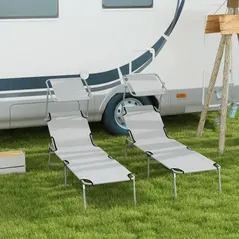 Outsunny Outdoor Foldable Sun Lounger Set of 2, 4 Level Adjustable Backrest Reclining Sun Lounger Chair with Angle Adjust Sun Shade Awning for Beach, Garden, Patio, Light Grey - 2