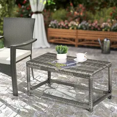 Outsunny Outdoor Coffee Table, Garden PE Rattan Side Table with Plastic Board Under the Full Woven Table Top and Rectangular Frame for Patio, Balcony, Mixed Grey - 2