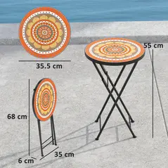 Outsunny Mosaic Outdoor Garden Table, 35.5cm Round Folding Coffee Table with Metal Frame for Balcony Terrace, Orange - 3