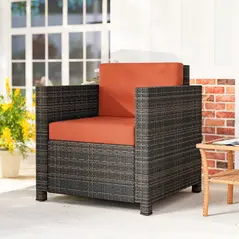 Outsunny PE Rattan Garden Armchair with Cushion - Mixed Brown/Orange - 8