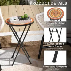 Outsunny Mosaic Outdoor Garden Table, 35.5cm Round Folding Coffee Table with Metal Frame for Balcony Terrace, Orange - 6