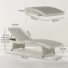 Outsunny Outdoor PE Rattan Sun Lounger, Folding Wicker Garden Lounger Recliner with 4-Level Adjustable Backrest, Rolling Sunbed Lounge Chair with Wheels, Non-Slip Legs for Balcony, Beach, Grey - 3