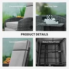 Outsunny Outdoor Recliner Chair with Adjustable Backrest and Footrest, Cushion, Side Tray, Light Grey/Grey - 6