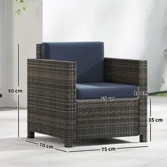 Outsunny PE Rattan Garden Armchair with Cushion - Mixed Brown/Navy Blue - 3
