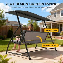Outsunny Outdoor 2-in-1 Swing Chair Lounger 3 Seater Garden Swing Seat Bed Convertible Tilt Canopy W/ Cushion, Dark Grey - 4
