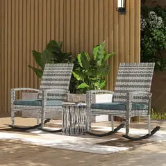 Outsunny Outdoor PE Rattan Rocking Chair Set of 2, Garden Rocking Chair Set with Armrest and Cushion, Light Grey - 2