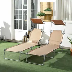 Outsunny Outdoor Foldable Sun Lounger Set of 2, 4 Level Adjustable Backrest Reclining Sun Lounger Chair with Angle Adjust Sun Shade Awning for Beach, Garden, Patio, Sand - 2