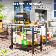 Outsunny Outdoor Grill Dining Cart 2-Shelf Movable Pizza Oven Table Stand with Stainless Steel Top, Portable BBQ Trolley Food Prep Outdoor Kitchen Barbecue Station with Hooks Wheels, Charcoal Grey - 5