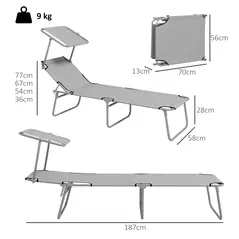 Outsunny Outdoor Foldable Sun Lounger Set of 2, 4 Level Adjustable Backrest Reclining Sun Lounger Chair with Angle Adjust Sun Shade Awning for Beach, Garden, Patio, Light Grey - 3