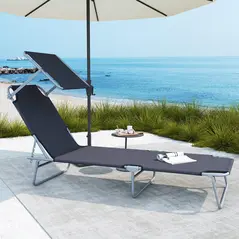Outsunny Outdoor Foldable Sun Lounger, 4 Level Adjustable Backrest Reclining Sun Lounger Chair with Angle Adjust Sun Shade Awning for Beach, Garden, Patio, Grey - 2