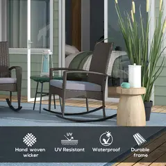 Outsunny Outdoor PE Rattan Rocking Chair Set of 2, Garden Rocking Chair Set with Armrest and Cushion, Grey - 4