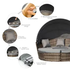 Outsunny Outdoor PE Rattan Garden Furniture with Cushioned, Patio Wicker Conversation Furniture Set, Round Daybed with Retractable Canopy, Coffee Table and Three Pillows, Dark Grey/Grey - 7
