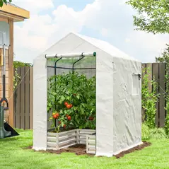 Outsunny Mini Greenhouse with Raised Garden Bed, Galvanised Walk-in Greenhouse with Roll Up Windows, 56" x 56" x 75", White - 2