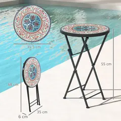 Outsunny Mosaic Outdoor Garden Table, 35.5cm Round Folding Coffee Table with Metal Frame for Balcony Terrace, Multicolour - 3