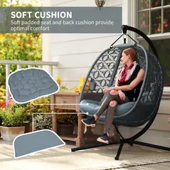 Outsunny Outdoor Double Hanging Chair with Cushion and Cup Holders, Charcoal Grey - 6