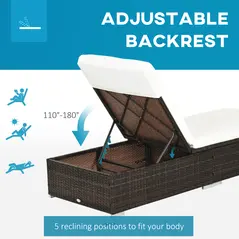 Outsunny PE Rattan Sun Lounger with Cushion, Outdoor Garden Sunbed Furniture with 5-Level Recliner Backrest, and Armrest, Set of 2, Brown - 6