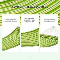 Outsunny Outdoor Garden Hammock with Stand, Double Cotton Hammock with Adjustable Steel Frame, Swing Hanging Bed with Pillow, for Garden, Patio, Beach, Green Stripes - 5