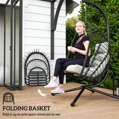 Outsunny Outdoor PE Rattan Swing Chair with Foldable Basket and Cushion, Garden Patio Hanging Egg Chair with Metal Stand, Headrest for Indoor and Outdoor, Black - 5