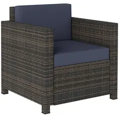 Outsunny PE Rattan Garden Armchair with Cushion - Mixed Brown/Navy Blue - 1