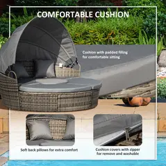 Outsunny Outdoor PE Rattan Garden Furniture with Cushioned, Patio Wicker Conversation Furniture Set, Round Daybed with Retractable Canopy, Coffee Table and Three Pillows, Dark Grey/Grey - 6