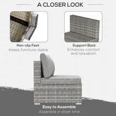 Outsunny Outdoor PE Rattan Furniture with Cushions, Garden Armless Chair with Adjustable Footpads and Back Support Cushion, for Garden, Yard, Terrace, Light Grey - 6