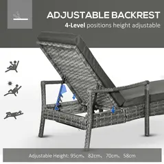 Outsunny Patio Rattan Sun Lounger, Dual Wicker Weave Outdoor Single Reclining Chair Furniture, 5-Level Adjustable Backrest w/ Removeable & Washable Cushion, Mixed Grey - 4