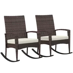 Outsunny Outdoor PE Rattan Rocking Chair Set of 2, Garden Rocking Chair Set with Armrest and Cushion, Brown - 1