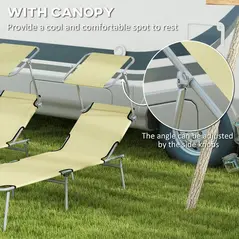Outsunny Outdoor Foldable Sun Lounger Set of 2, 4 Level Adjustable Backrest Reclining Sun Lounger Chair with Angle Adjust Sun Shade Awning for Beach, Garden, Patio, Beige - 6