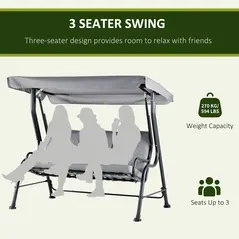 Outsunny Outdoor 3-person Metal Porch Swing Chair Bench, Grey - 6
