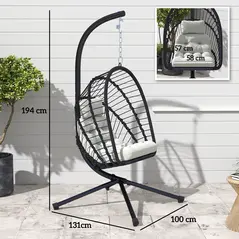 Outsunny Outdoor PE Rattan Swing Chair with Foldable Basket and Cushion, Garden Patio Hanging Egg Chair with Metal Stand, Headrest for Indoor and Outdoor, Black - 3