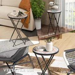 Outsunny Mosaic Outdoor Garden Table, 35.5cm Round Folding Coffee Table with Metal Frame for Balcony Terrace, Multicolour - 7