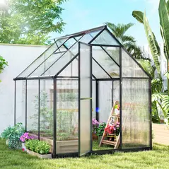 Outsunny Polycarbonate Greenhouse with Swing Door and Adjustable Window, Walk-in Greenhouse with Rain Gutter, 6 x 6.5ft, Black - 2